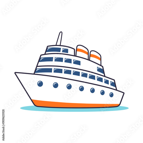 Illustration of a large white cruise ship with multiple decks and windows sailing on water
