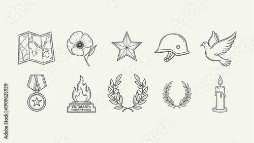 Collection of hand-drawn icons representing remembrance, war, and peace symbols