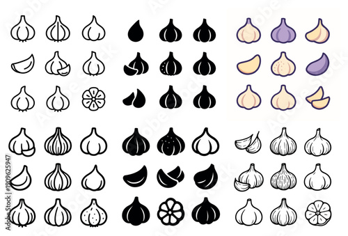 Garlic icons set: vector art & illustrations