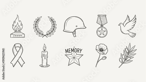 Collection of hand-drawn symbols representing remembrance, peace, and military honor