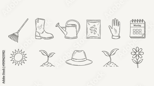 Gardening icons set for planting and growing plants in the garden