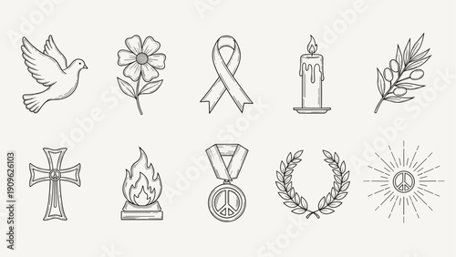 Collection of hand-drawn symbols representing peace, remembrance, and hope in a minimalist style