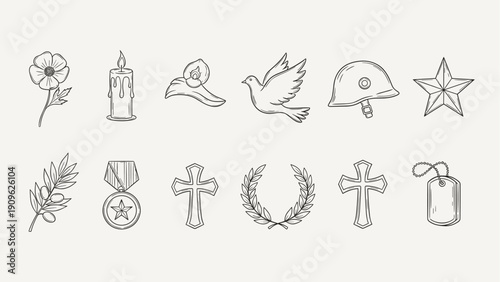 Collection of memorial and remembrance symbols in a hand-drawn sketch style