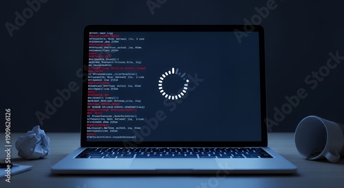 Realistic laptop screen showing infinite loading spinner with hidden error log behind dim workspace lighting communicating frustration and stalled performance