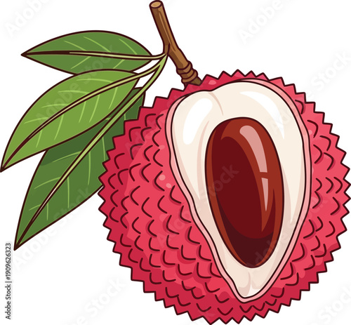 Lychee fruit with green leaves and red skin