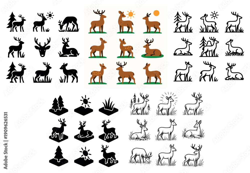 Obraz premium Stylized deer collection: silhouettes & icons