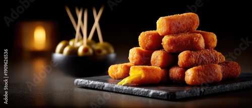 Obraz  z motywem Delicious Spanish croquettes on a black slate plate served with olives and toothpicks arranged on a dark table with copy space for text and design
