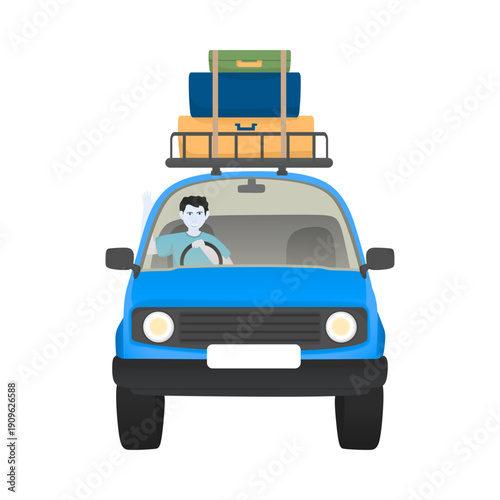 Happy man driving a blue car packed with luggage on a road trip adventure