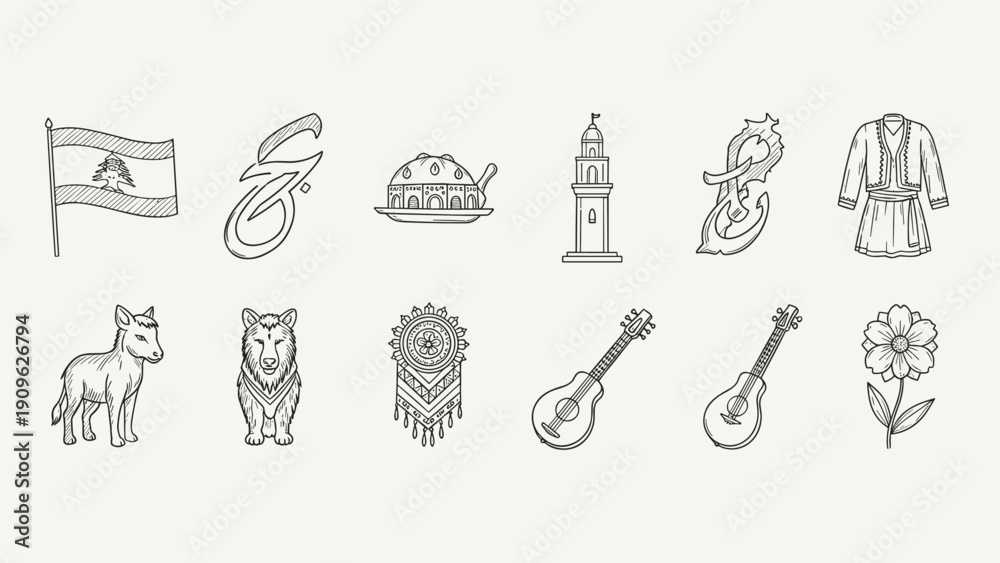 Obraz premium Collection of hand-drawn icons representing cultural symbols and elements