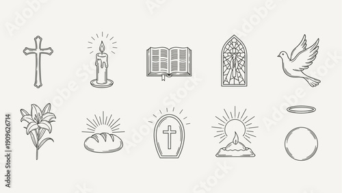 Collection of religious symbols and icons in a minimalist line art style