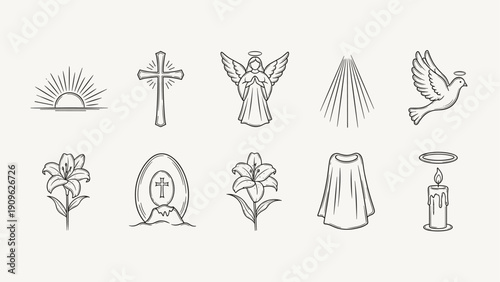 Collection of religious and spiritual symbols in a minimalist line art style