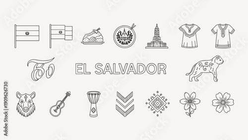 El Salvador cultural symbols and landmarks in a line art collection