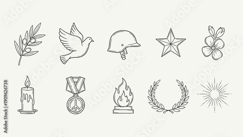 Collection of symbols representing peace, remembrance, and victory in a minimalist line art style