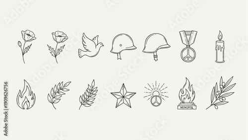 Collection of symbols representing peace, remembrance, and military service in a minimalist line art style