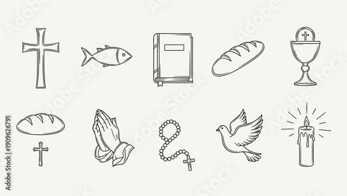 Collection of Christian religious symbols and icons in a simple line art style