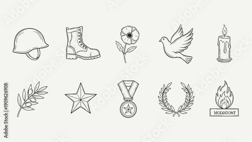 Collection of hand-drawn icons representing military service, remembrance, and peace symbols