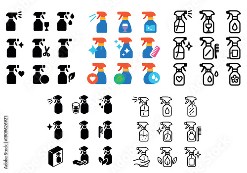 Spray bottle icon set for cleaning supplies