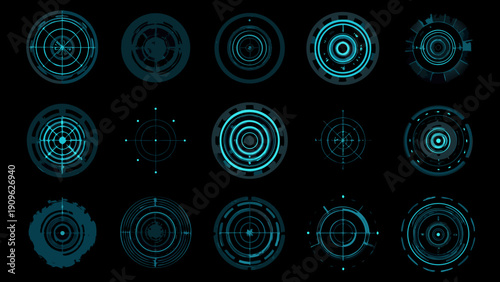 Collection of futuristic glowing teal circular targeting and technology elements