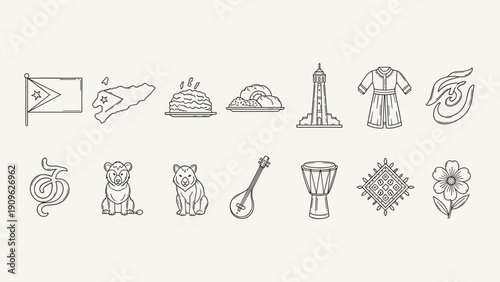 Collection of East Timor cultural symbols and landmarks in a minimalist line art style