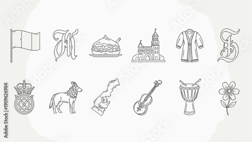 Collection of iconic symbols and cultural elements in a clean line art style