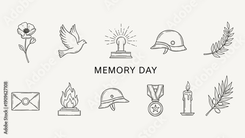 Collection of hand-drawn icons representing remembrance and memorial day symbols