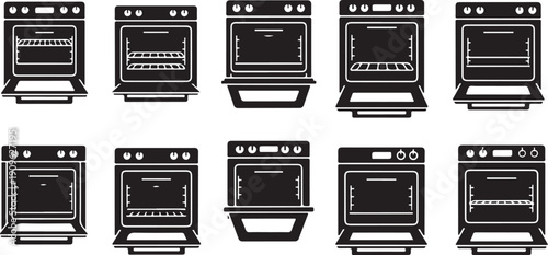 Collection of various oven icons in black and white