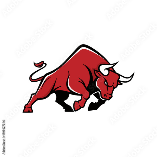 Vector illustration of a red bull charging forward with sharp horns and muscular build in a dynamic pose