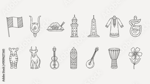 Collection of hand-drawn cultural icons representing diverse elements from different regions