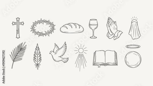 Collection of Christian religious symbols and icons in a simple line art style