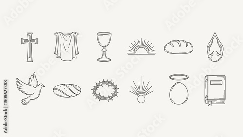 Collection of religious symbols and icons in a minimalist line art style