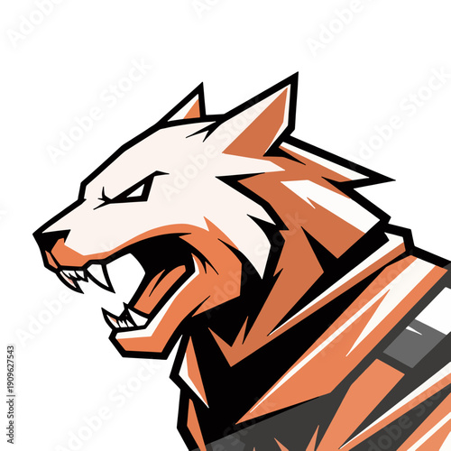 Vector illustration of a fierce cartoon wolf head with sharp teeth and aggressive expression in a dynamic graphic style