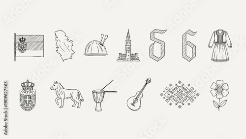 Collection of Serbian cultural symbols and landmarks in a minimalist line art style