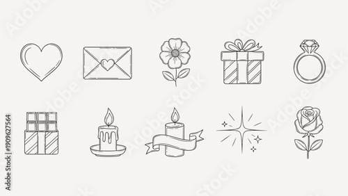 Collection of romantic and celebratory line art icons for Valentine's Day or weddings