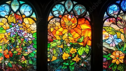 Detailed panning shot of intricate stained glass window panels featuring vibrant lilies, hibiscus, and spring flowers.
