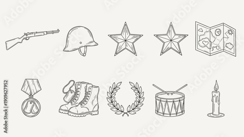 Collection of military and patriotic symbols in a hand-drawn outline style