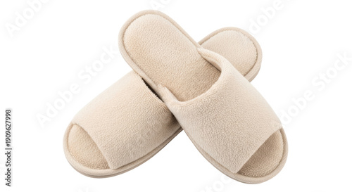 Fotografía Pair of beige open toe slippers isolated PNG on transparent background, comforta