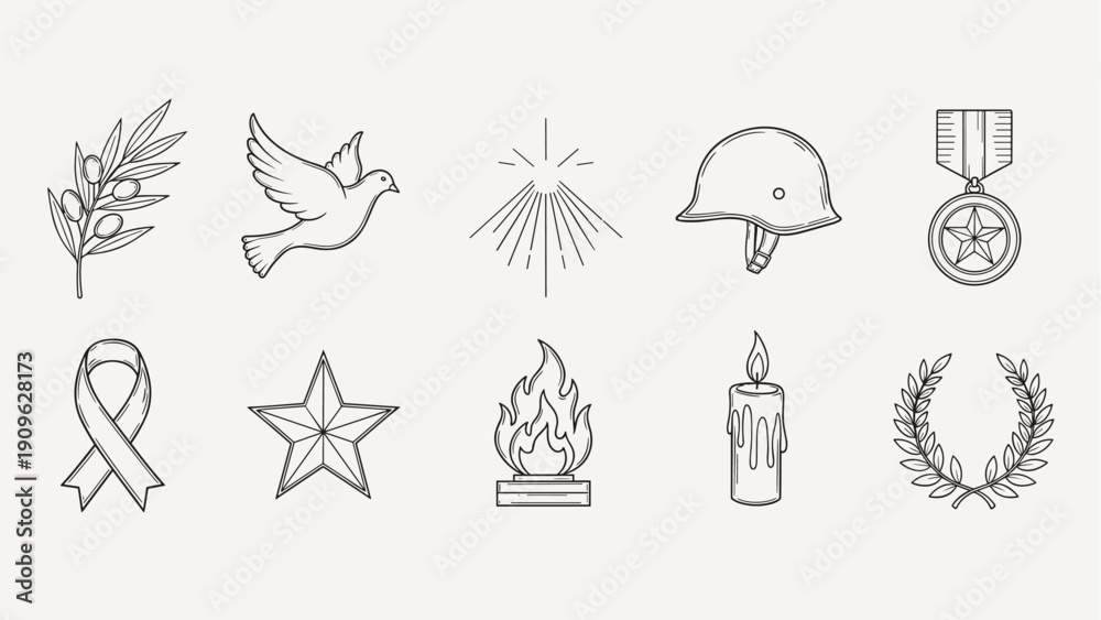 Fototapeta premium Collection of symbols representing peace, remembrance, and military service in a hand-drawn style