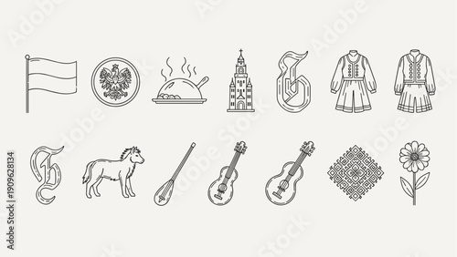 Collection of Polish cultural symbols and icons in a minimalist line art style