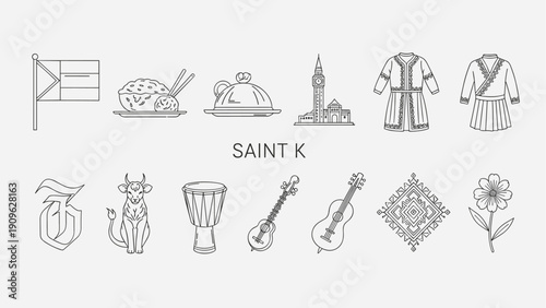 Saint Kitts and Nevis culture outline icon set with flag pelican monkey drum church dress and map symbols