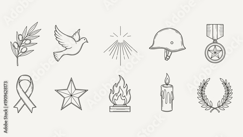 Collection of symbols representing peace, remembrance, and military service in a hand-drawn style