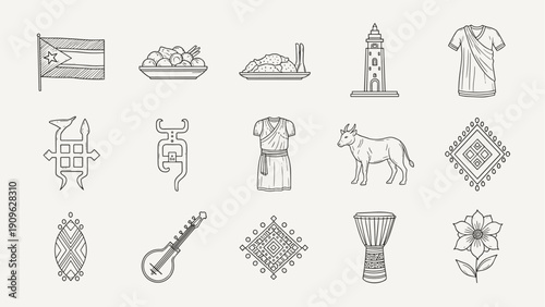 Collection of Ethiopian cultural symbols and icons in a simple line art style