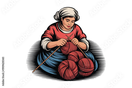 Woman knitting with yarn and needles, historical clothing, illustration