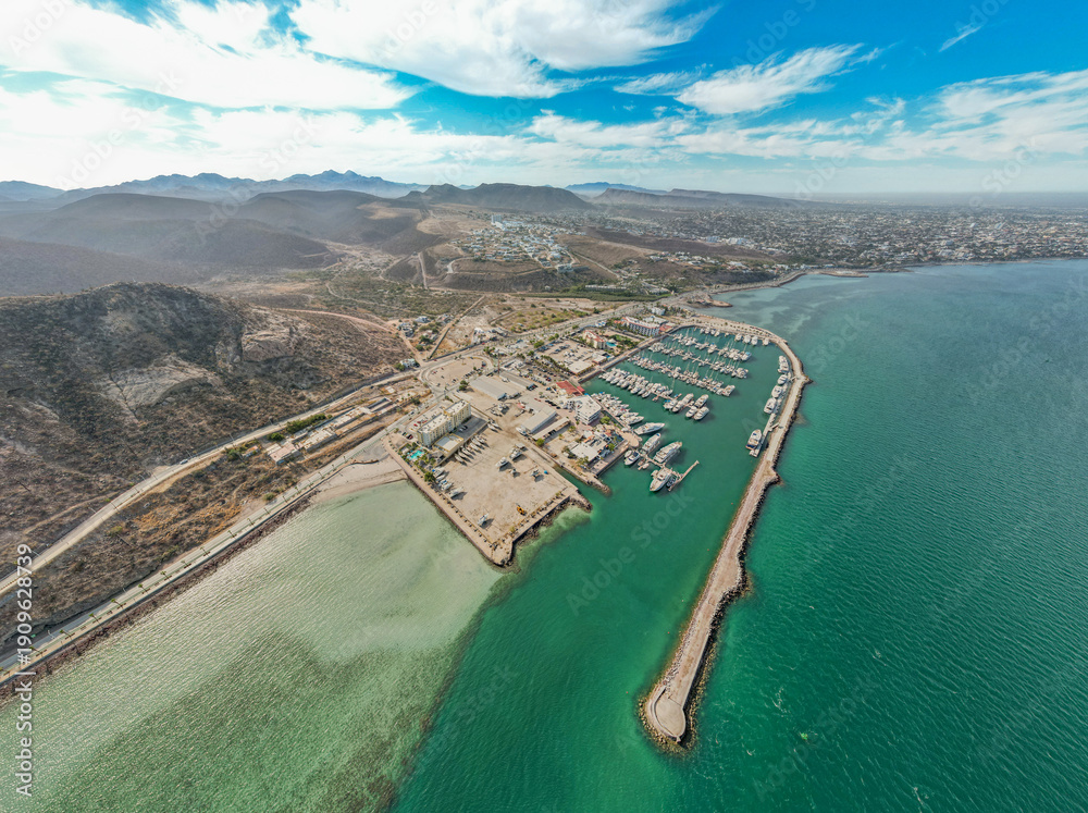 Fototapeta premium Aerial view of the main dock, Marina Palmira, in La Paz, Baja California Sur, Mexico