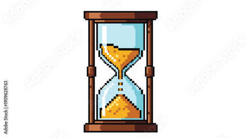 Classic wooden hourglass with falling yellow sand inside, created in a detailed pixel art style for time-related concepts and games.