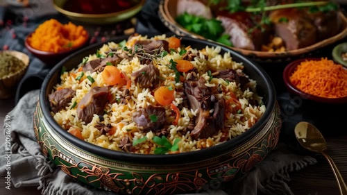 Aromatic Plov rice meal with succulent meat, dried apricots, and fragrant spices in an elaborately decorated serving bowl.