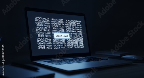 Laptop screen locked in endless update failure loop cool screen glow illuminating dark workspace