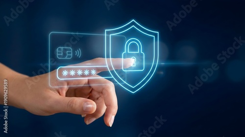 Wallpaper Mural Cybersecurity concept of a hand touching a virtual interface to enter a password, featuring glowing holographic shield, padlock, and credit card icons representing secure online banking and payment pr Torontodigital.ca
