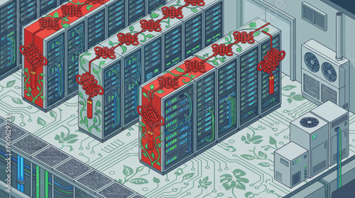 Isometric server room with racks decorated by Chinese knots and vines, concept for green computing, cultural technology and web hosting solutions