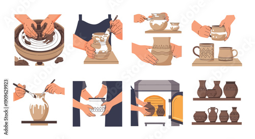 Hands crafting pottery a collection of vessels in various stages of creation