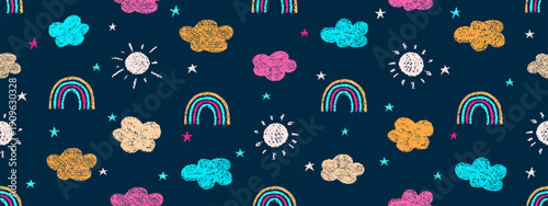 Crayon icons of weather, clouds, rainbow, stars, sun in sky. Seamless pattern with doodle clouds and solar objects in chalk texture. Cute summer kid background drawn with crayon pencils, kid vector il